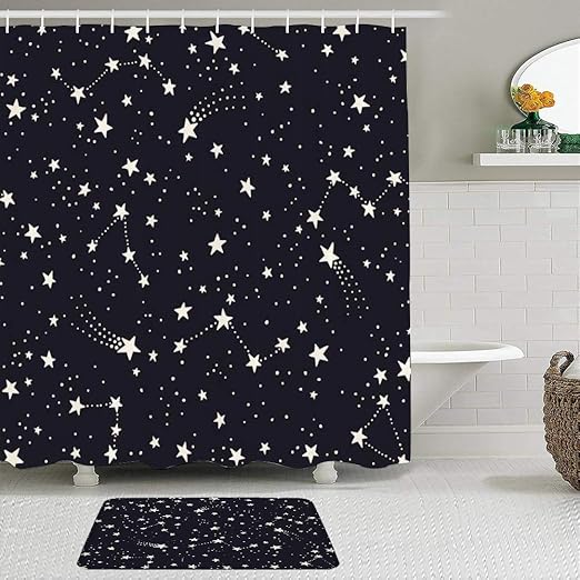 KISSENSU Badezimmer-Vorhang-Set,Sternbilder und Sterne Schwarz-Weiß
