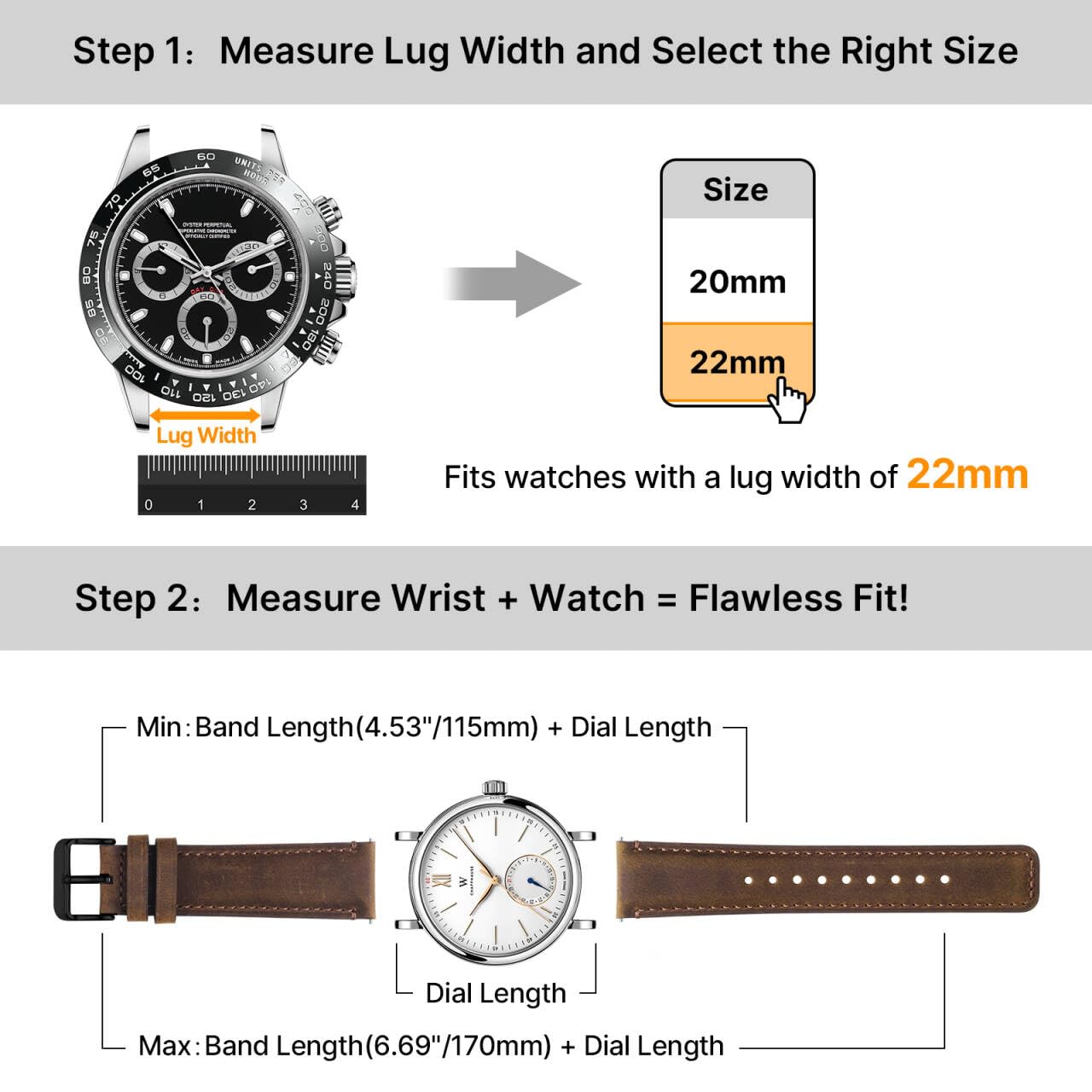 Fullmosa 18mm 20mm 22mm Leather Watch Bands Quick Release Watch Strap for Men Women, 2 Pack Soft Replacement Strap Wristband with Stainless Steel Buckle