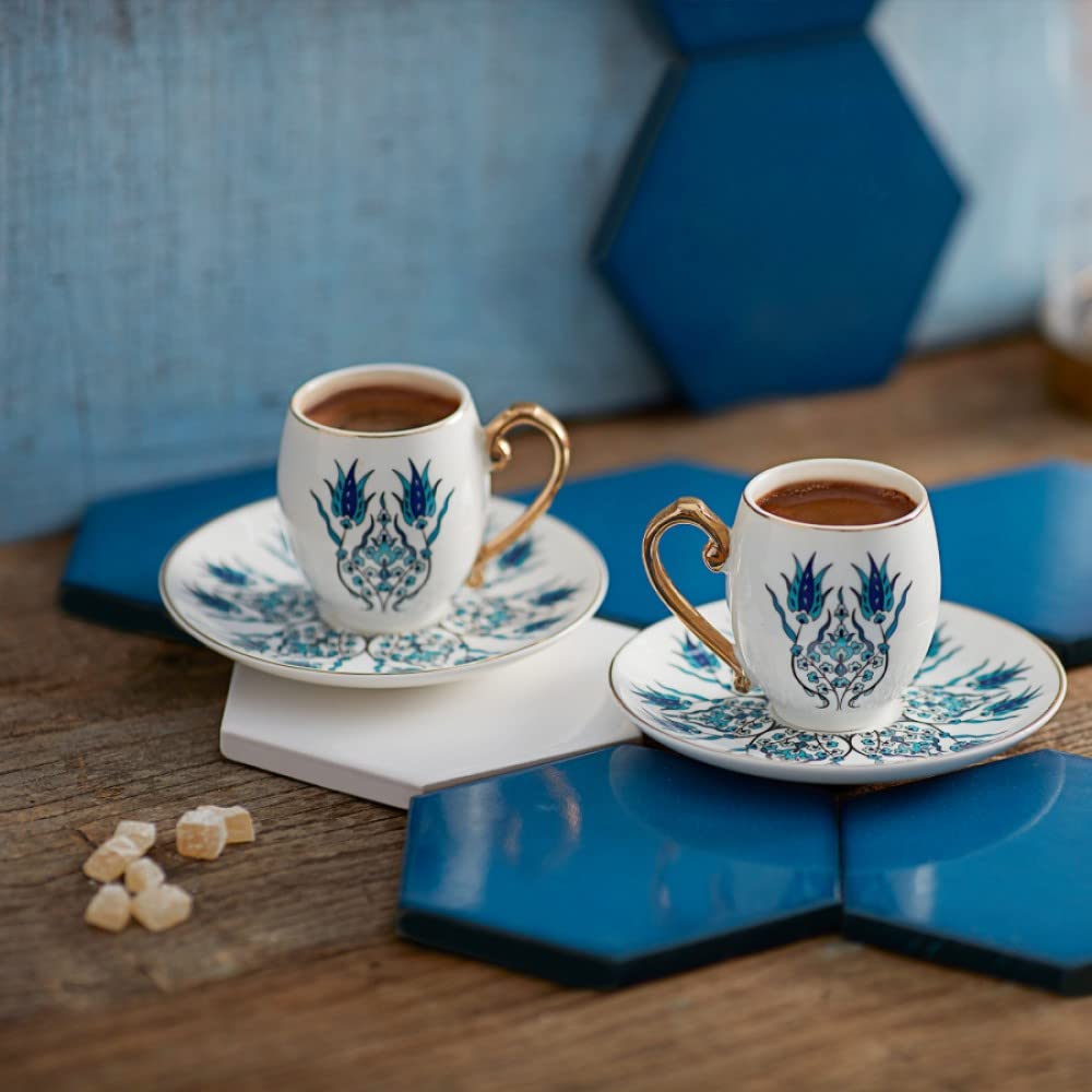 KARACA Iznik Turkish Coffee Cup Set for 2 People - 4 Piece Cups with Saucers - Small Porcelain Espresso Set - Ideal for Serving Greek, Arabic Coffee (80 ml)