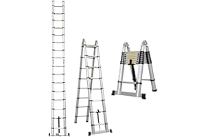 ANSIMIDA 16.4FT/5M Aluminum Telescoping Extension Ladder Portable Folding A-Frame Ladder with Support Bar(16.4ft in Straight line and 8.2ft in A-Frame)