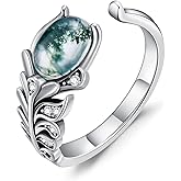 PROESS Moss Agate Ring for Women 925 Sterling Silver Feather Ring Engagement Promise Adjustable Rings Jewelry