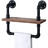 HouseAid Industrial Pipe Shelf with Towel Bar, 15-3/4 Inch Farmhouse Iron Pipe Shelving, Rustic Vintage Style Floating Shelve