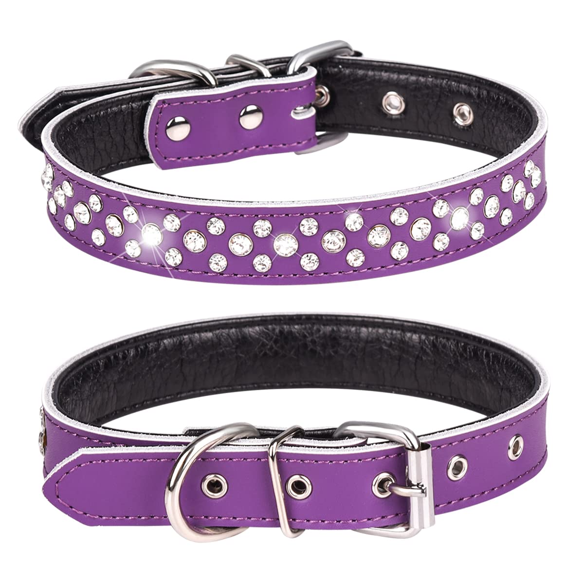 Haoyueer Rhinestones Dog Collar, Adjustable Sparkly Crystal Studded Genuine Leather Pet Dog Collar for Small and Medium Dogs (L, Purple)