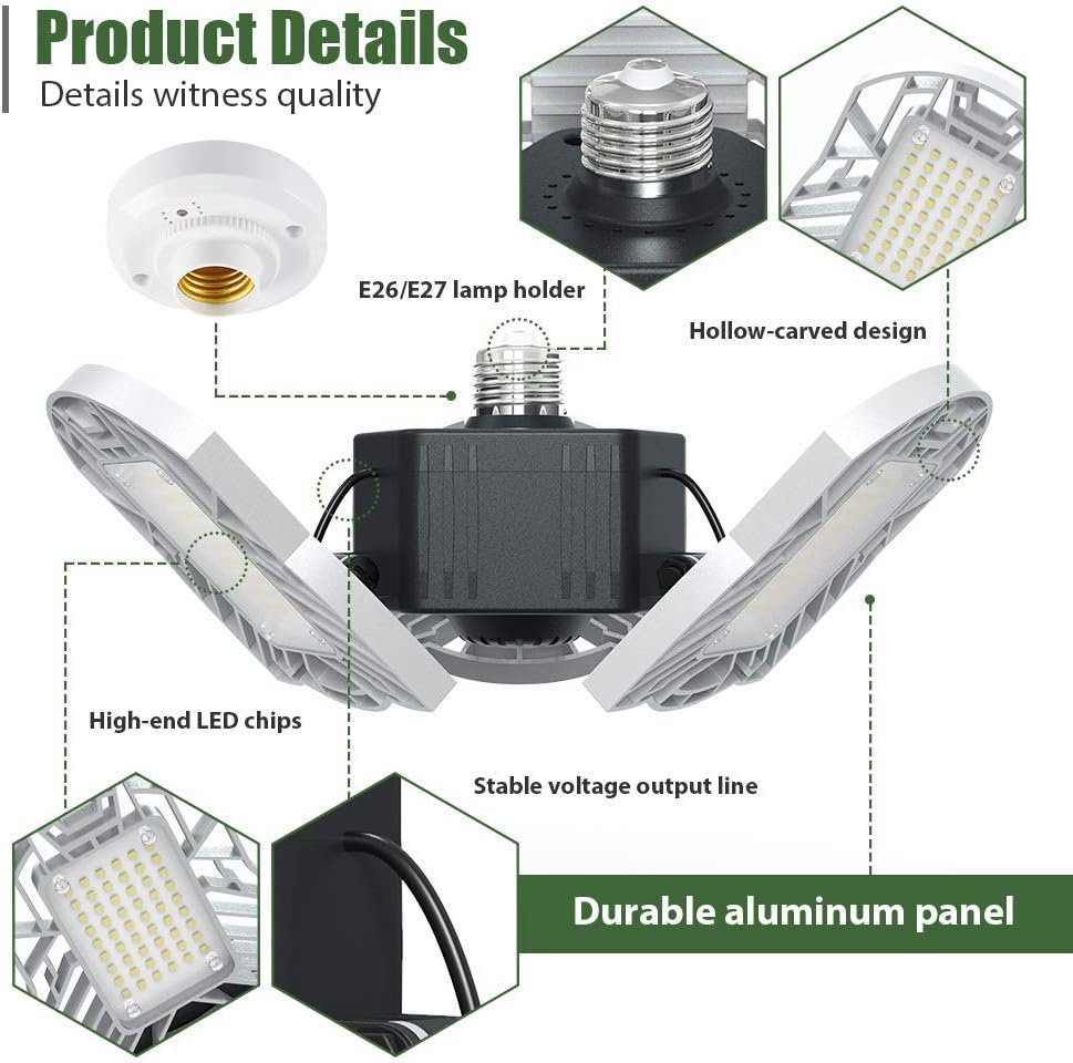 2-Pack LED Garage Lights E26/E27 60W Panels Adjustable Trilights Garage Lights 6000lm Ceiling Light for Workshop Warehouse (No Motion Activate): Home Improvement
