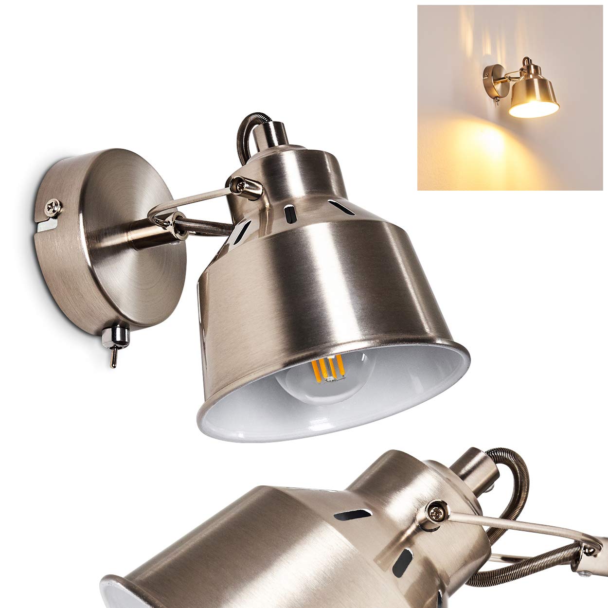 Wall Light Safari, Adjustable Wall lamp Made of Metal in Brushed Steel/White, 1-Flame, 1 x E14-socket, Wall spot in Retro/Vintage Design, Without Bulbs