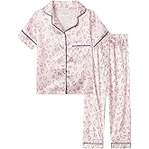 Mud Kingdom Little Girl Satin Silk Pajamas Set Short Sleeve Button Down 2 Piece Summer Loungewear