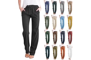 Muyise Womens Cotton Linen Casual Pants Straight Leg Drawstring Elastic High Waist Loose Comfy Palazzo Trousers with Pockets