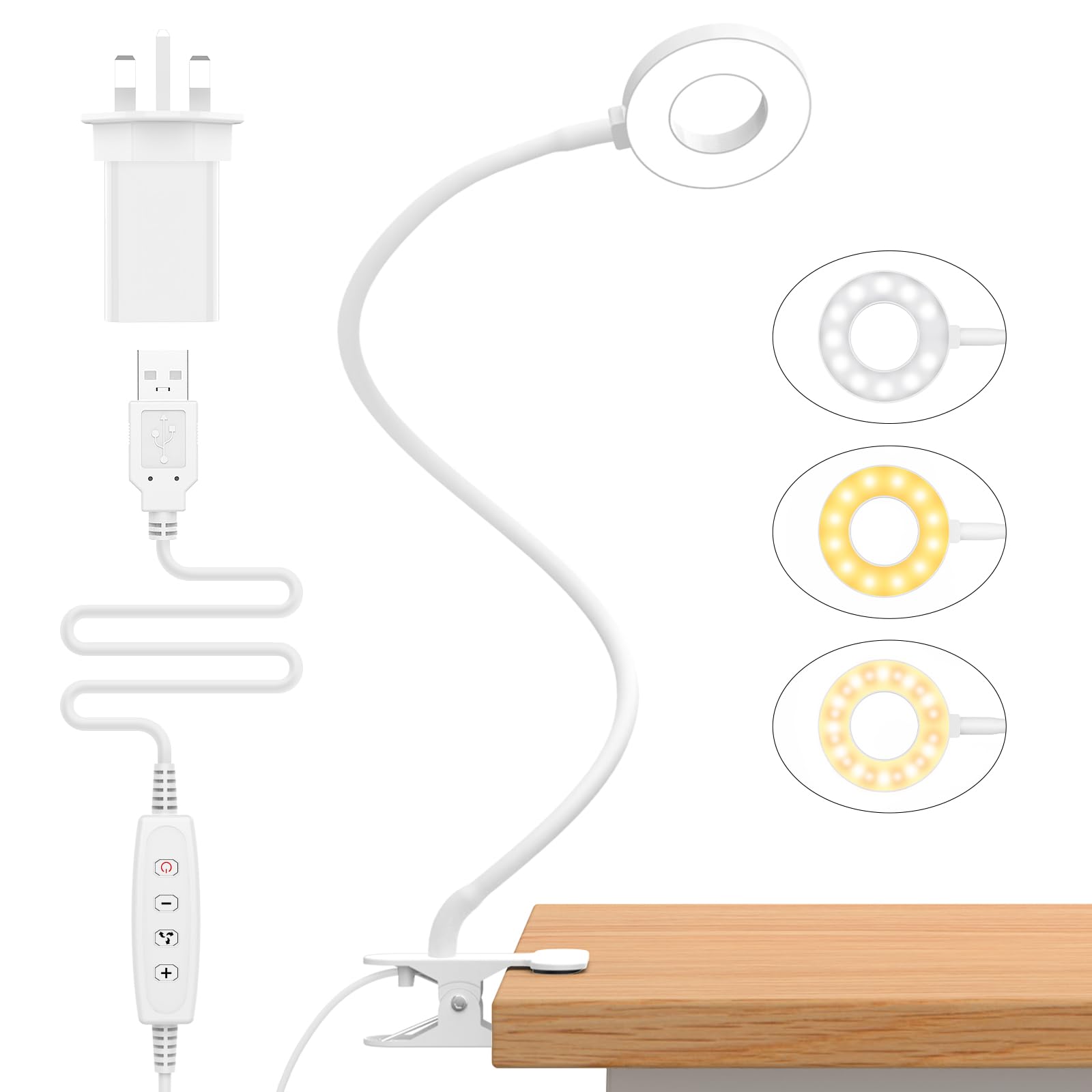 iZELL LED Desk Lamp -【3 Color Modes & 10 Brightness】 Eye Caring Clip on Clamp Light with 70cm Flexible Arm, Book Ring Light with Plug for Home Office, Kids, Reading, Clip on Table, Headboard — image 1