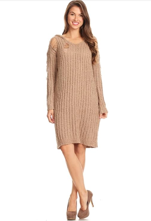 Ribbed Knit Hoodie Sweater Dress (Tan, Medium) at Amazon Womenâs Clothing store