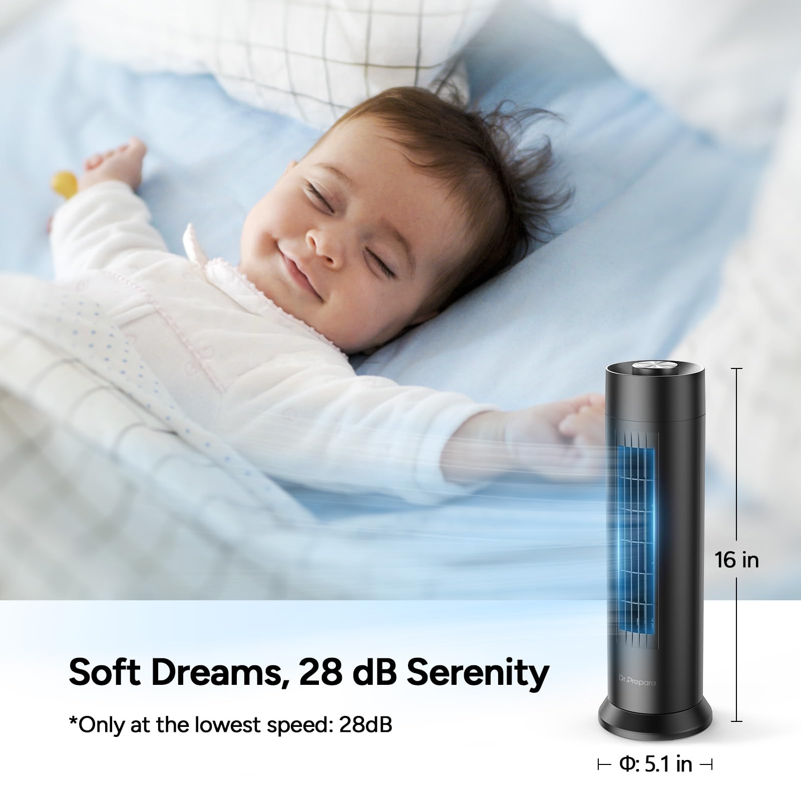 DR.PREPARE  Tower Fan, 28 dB Quiet Desk Fan, 3‑Speeds, 80° Oscillation, Detachable Washable Bladeless Design, 16 Inch Portable Table Fan for Room, Home, Office,Black