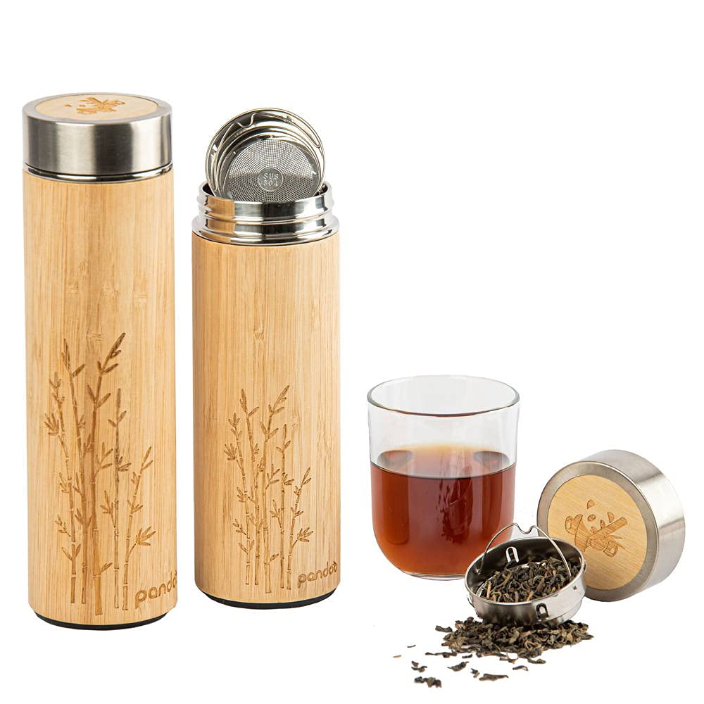 pandoo Bamboo Thermo Mug | Double-Walled Insulated Thermo Bottle | Travel Mug, Tea Maker, Tea Bottle with Stainless Steel Tea Strainer | BPA- | Tea to-Go 480ml