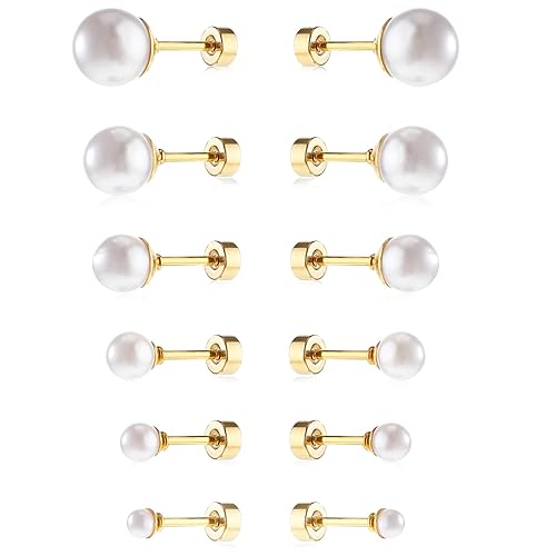 6 Pcs Flat Back Pearl Earrings for Women Gold Cartilage Piercing Earrings Pearl Exquisite Pearls Earring for Gift Giving (3-8mm)