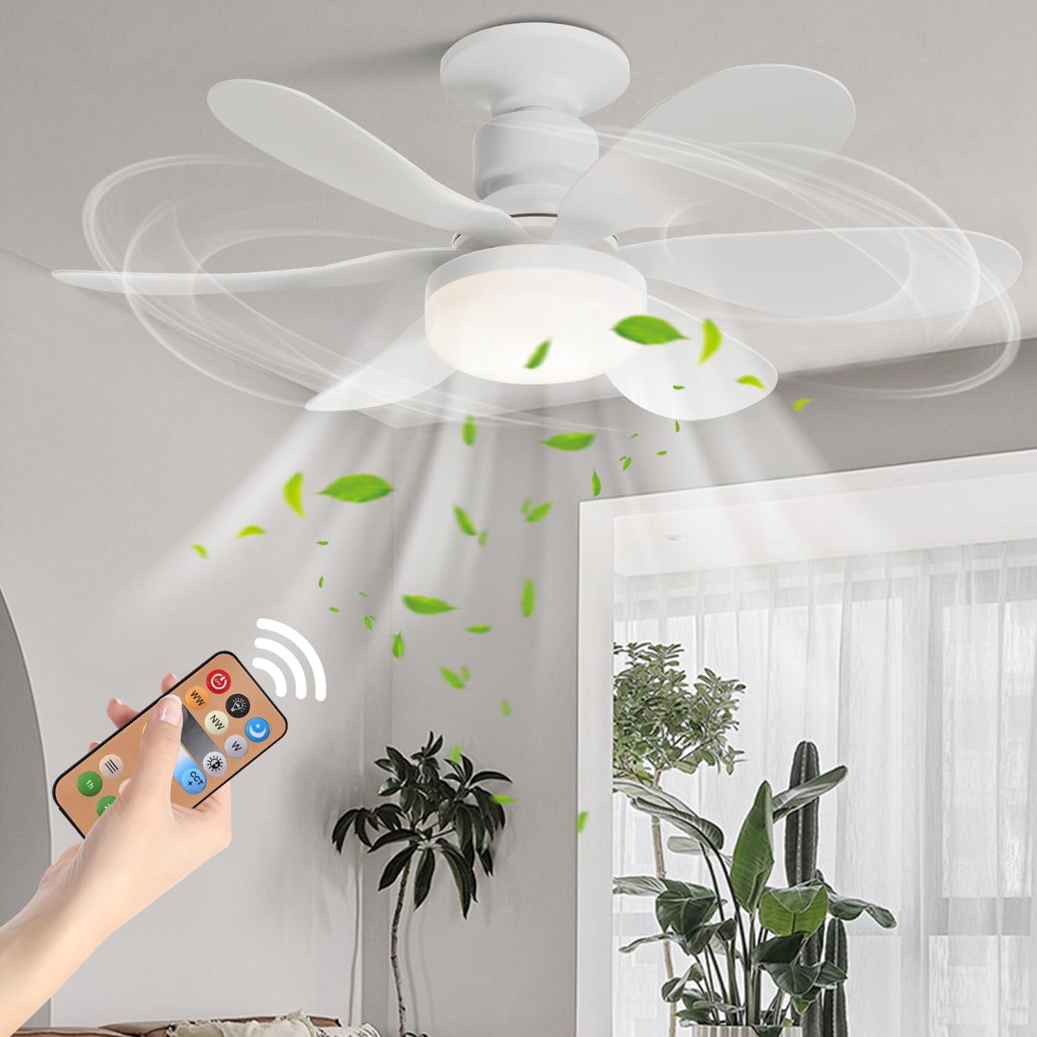 YumSur Ceiling Fans with Lights, E27 40W Ceiling Lights with Fan RC Timing, 3 Speeds 3 Colors LED Ceiling Light, Modern Fan Lamp for Bedroom Living Room