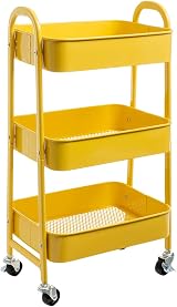 DOEWORKS 3 Tier Storage Trolley on Wheels Yellow Metal Cart 70cm 15kg per tier view 1