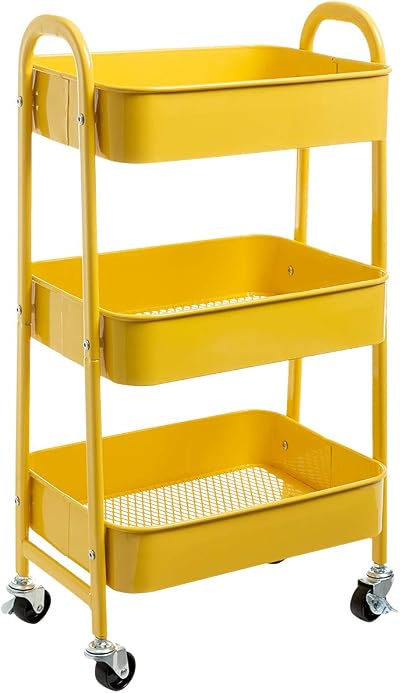 DOEWORKS 3 Tier Storage Trolley on Wheels Yellow Metal Cart 70cm 15kg per tier