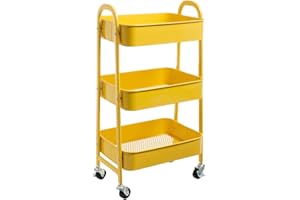 AGTEK Makeup Cart, Movable Rolling Organizer Cart, 3 Tier Metal Utility Cart, Yellow