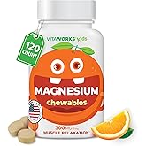 Kids Magnesium Chewable | Great Tasting | 300mg Magnesium Supplement | Vegan, Non GMO and Gluten Free Magnesium Oxide Supplement | for Muscle Function | 120 Chewables | Vitaworks