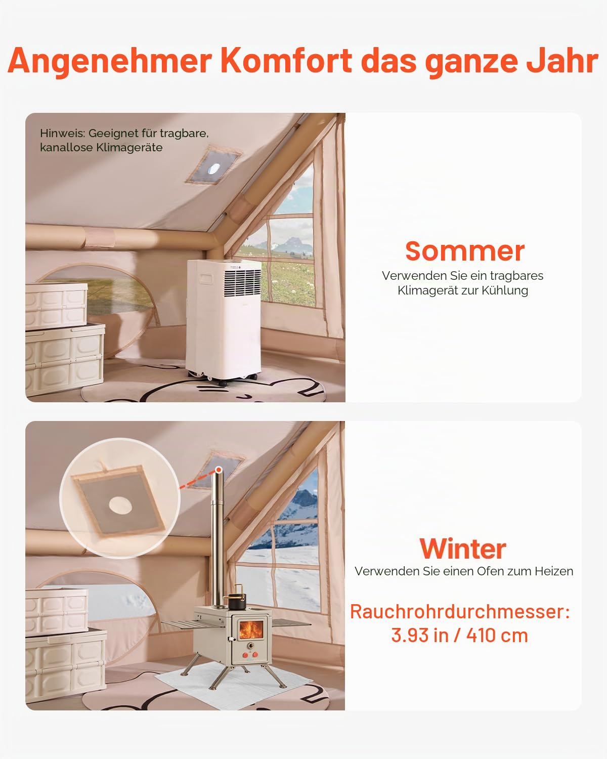 VEVOR Aufblasbare Zelte für Camping 3x2x2 m, 3–5 Personen, 300D Oxford 4-Jahreszeiten-Glamping-Zelt mit Baldachin, Handpumpe, Ofenanschluss, 2 Türen & 2 Netzfenstern (Aufbewahrungstasche inkl.) 7