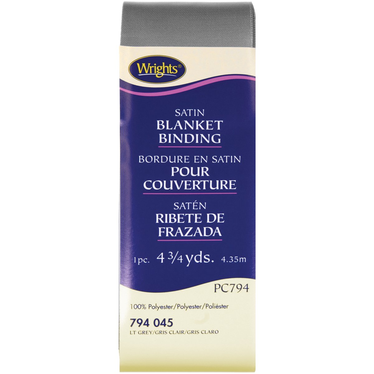 Wrights 2-inch 4 3/4 yd Single Fold Satin Blanket Binding, Light Grey