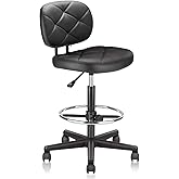 KLASIKA PU Leather Rolling Bar Stool with Wheels and Back, Tall Drafting Stool with Adjustable Height and Footrest, Multi-Purpose Office Desk Chair for Home Kitchen Shop Work, Black (1PK)