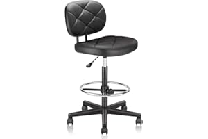 KLASIKA PU Leather Rolling Bar Stool with Wheels and Back, Tall Drafting Stool with Adjustable Height and Footrest, Multi-Purpose Office Desk Chair for Home Kitchen Shop Work, Black (1PK)