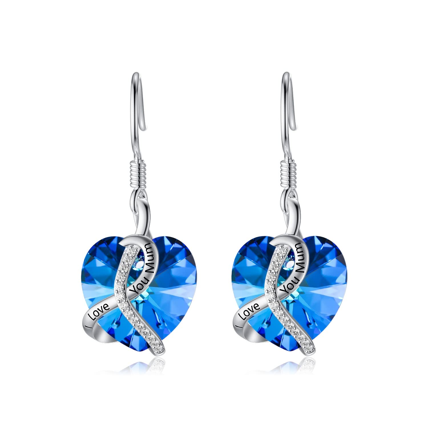 Gifts for Mum Earrings Mother Birthday Jewellery Gifts Sterling Silver "I Love You Mum" Heart Earrings (Blue)