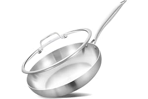 LOLYKITCH 8 Inch Tri-ply Stainless Steel Frying Pan with Lid,Small Skillet,Induction Cooking Pan,Dishwasher and Oven Safe,Riv