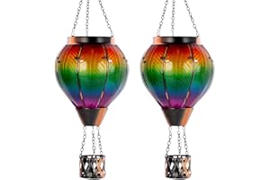 Starsoul 2PCS Hot Air Balloon Solar Lantern Colorful Solar Hot Air Balloon Lantern with Flame Light Waterproof Hanging Outdoor Lantern with Candle Holder for Patio Garden Yard Farmhouse Decor