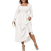 SHESTARR Women's Plus Size Maxi Dress Long Sleeve Square Neck Smocked Flowy A-Line Boho Wedding Party Maxi Dress