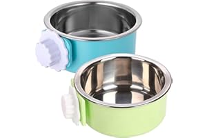 kathson Crate Dog Bowl, Removable Stainless Steel Hanging Pet Kennel Cage Bowl Food & Water Feeder Coop Cup for Puppy, Cat, Rabbit, Guinea Pigs Ferret Bird (2 PCS, Size: M, Blue and Green)