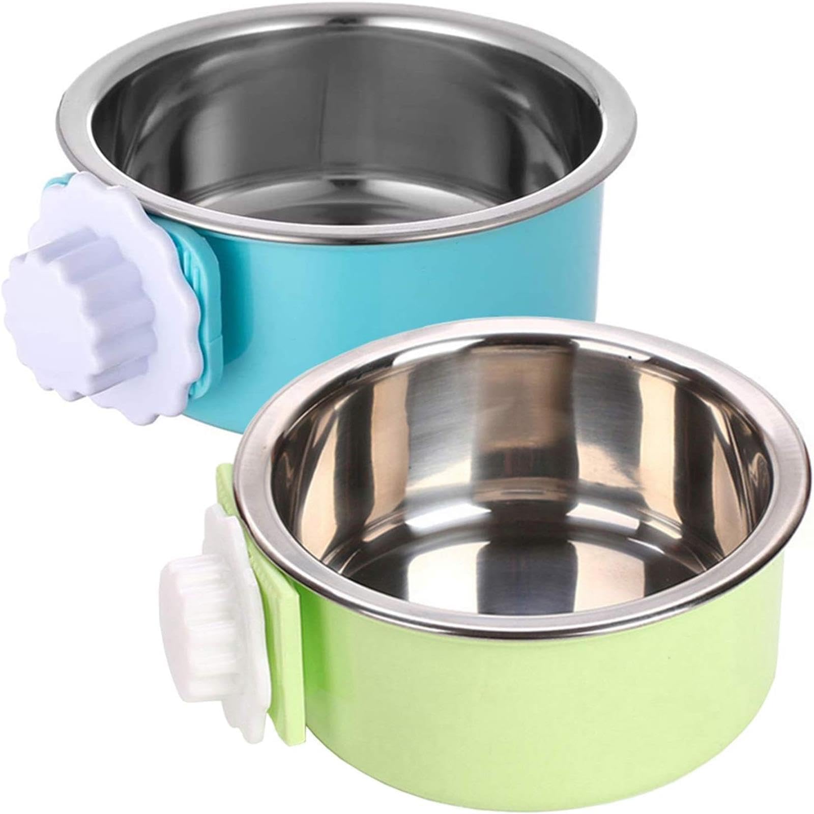 Photo 1 of kathson Crate Dog Bowl, Removable Stainless Steel Hanging Pet Kennel Cage Bowl Food & Water Feeder Coop Cup for Puppy, Cat, Rabbit, Guinea Pigs Ferret Bird (2 PCS, Size: M, Blue and Green)