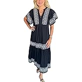 chouyatou Women's Summer Printed Floral Dress Casual Notch Neck Cotton Midi Long Mexican Tunic Dress