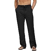 DOWMQ Mens Linen Pants Casual Elastic Waist Drawstring Pants Loose Straight Linen Pant Beach Trousers with 4 Pockets