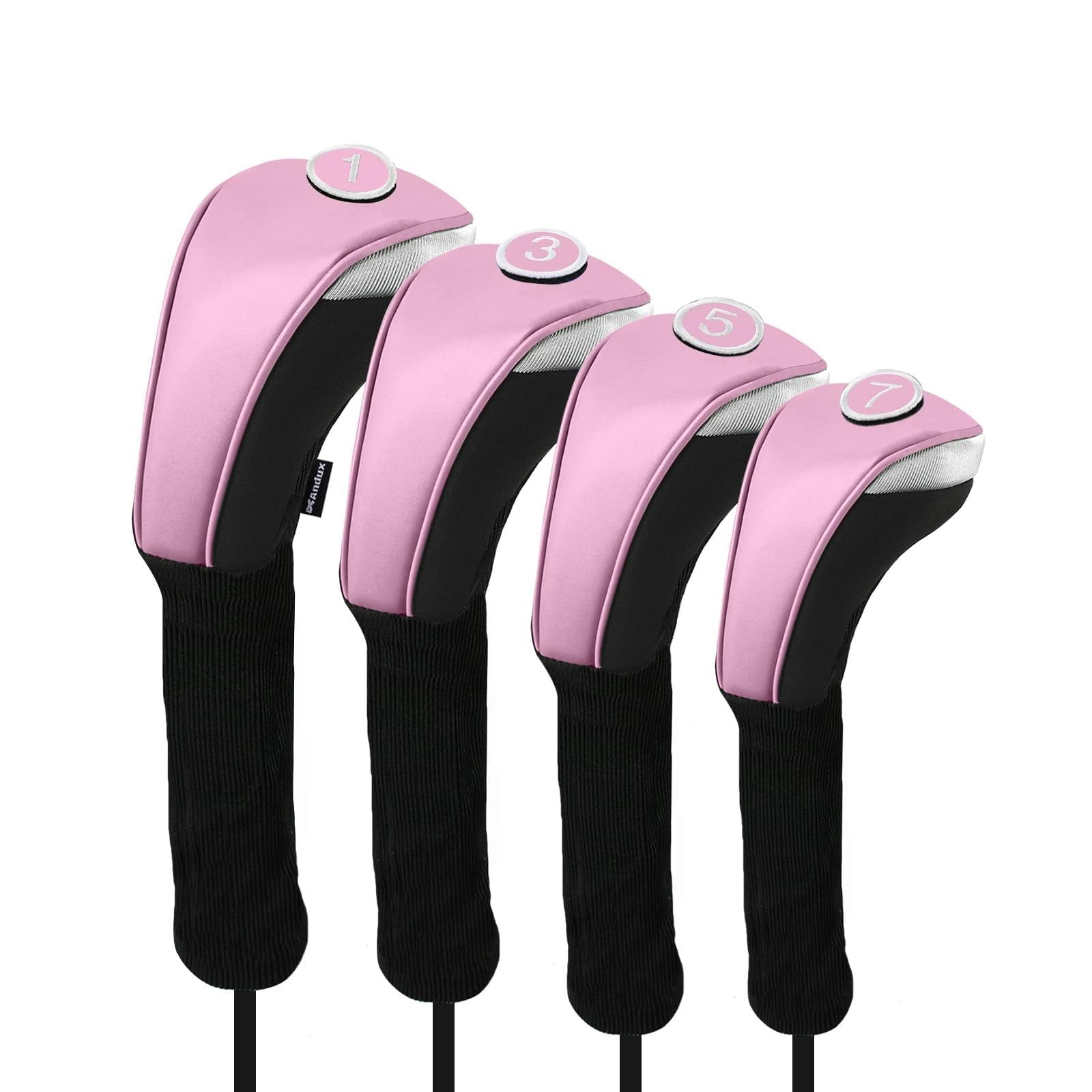 Andux 4pcs/Set PU Golf Wood Club Head Covers 460cc Driver with Long Neck Pink