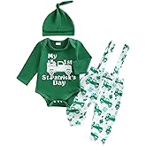 Eurvoku My First St Patricks Day Baby Boy Outfit Newborn Letter Print Long Sleeve Romper Suspender Pants Hat 3Pcs Clothes Set