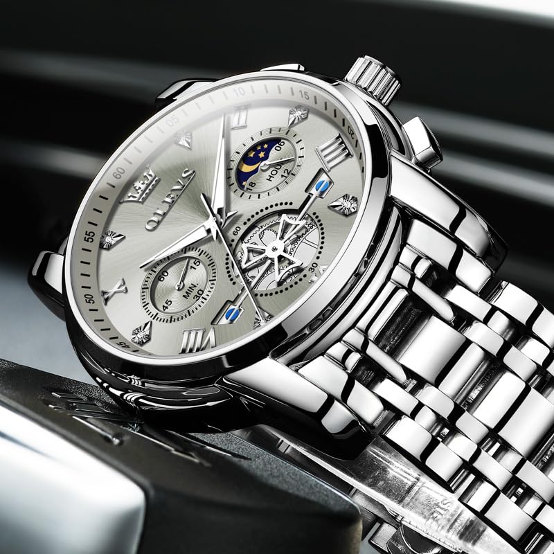OLEVS Men Silver Watches,Men's Stainless Steel Chronograph Watch,Man Analog Quartz Big Face Male Watches Luxury Waterproof Roman Numeral Dress Diamond Relojes para Hombre