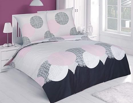 Buymax Bettwäsche-Set 3 Teilig, Renforce-Baumwolle, Reißverschluss, 200x200 cm, Grau Rose, Kreise Ornamente