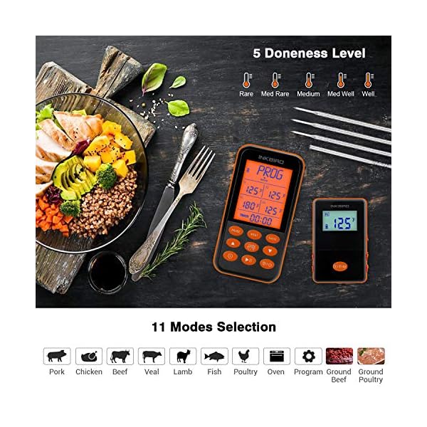 Inkbird Grillthermometer Funk IRF-4S mit 4 Messfühlern, IPX5 Wasserdichtes Grillthermometer Radio mit Beleuchtetes… – Bild 5