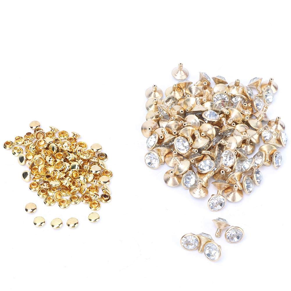 HEEPDD 100 Pcs 10mm Crystal Rivets, DIY Fashion Rhinestone Nailhead Studs for Leather Craft Gold Edge White Crystal Decorative Accessories for Bags Belts Apparel Projects