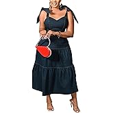 Sexyshine Women's Spaghetti Strap Plus Size Denim Dress Tie Knot Sleeveless A Line Ruffle Layered Maxi Dress Jeans Dresses