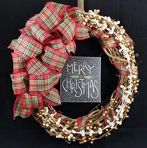 Merry Christmas Grapevine Wreath Plaid Ribbon Bow Gold White Berries 18 inch