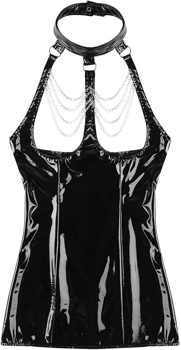 TiaoBug Women's One Piece Faux Leather Halter Bodycon Tassels Clubwear Wet Look Mini Dress: Clothing