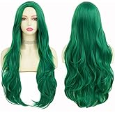 Tseses Green Long Curly Wave Wig for Women Middle Part Curly Wig Natural Looking Synthetic Fibre Hair Wig for Halloween Party Cosplay Use