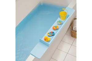 QURAS Bathtub Splash Guard for Kids – 29.5 Inch Silicone Water Guard with Suction Cups, Flat Surface Bath Toy Holder Helps Prevent Splashes and Messy Floors (Baby Blue, 29.5 inch)