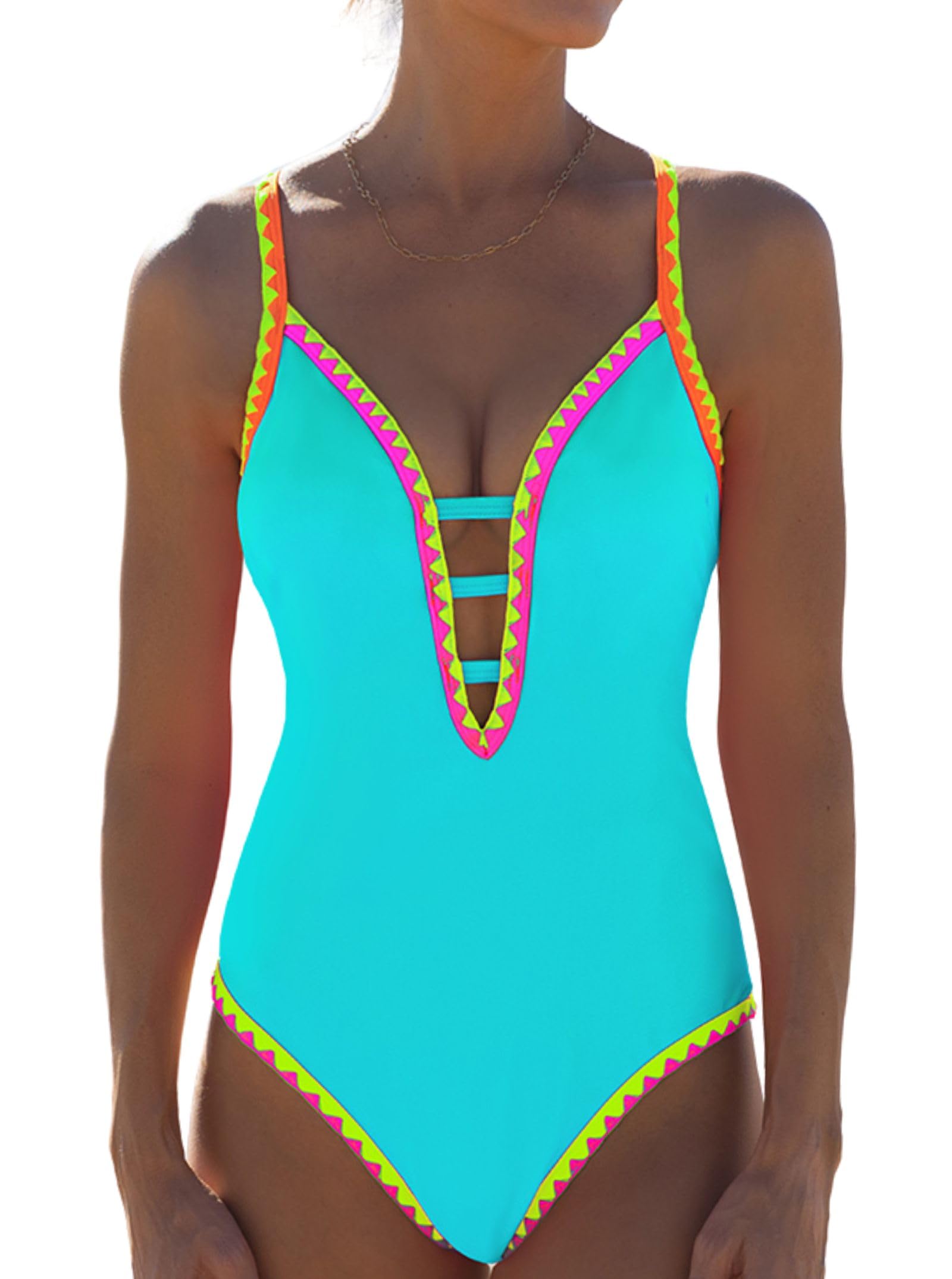 Photo 1 of popvil Women One Piece Swimsuit Tummy Control Deep V Neck Neon Cute Bathing Suit Back Tie Swim Suits 2025 Summer, Blue X-Large