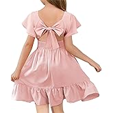 Haloumoning Girls Ruffle Short Sleeve Tie Back Dress Kids Summer Off Shoulder A-line Dresses 5-14 Years