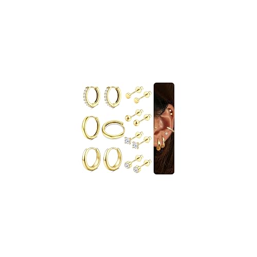 Finrezio 7 Pairs Gold Earrings for Women 925 Sterling Silver 14K Gold Plated Hoop Earrings Hypoallergenic Silver Stud Earrings Set for Cartilage Huggie Hoop Tragus Piercings Jewelry
