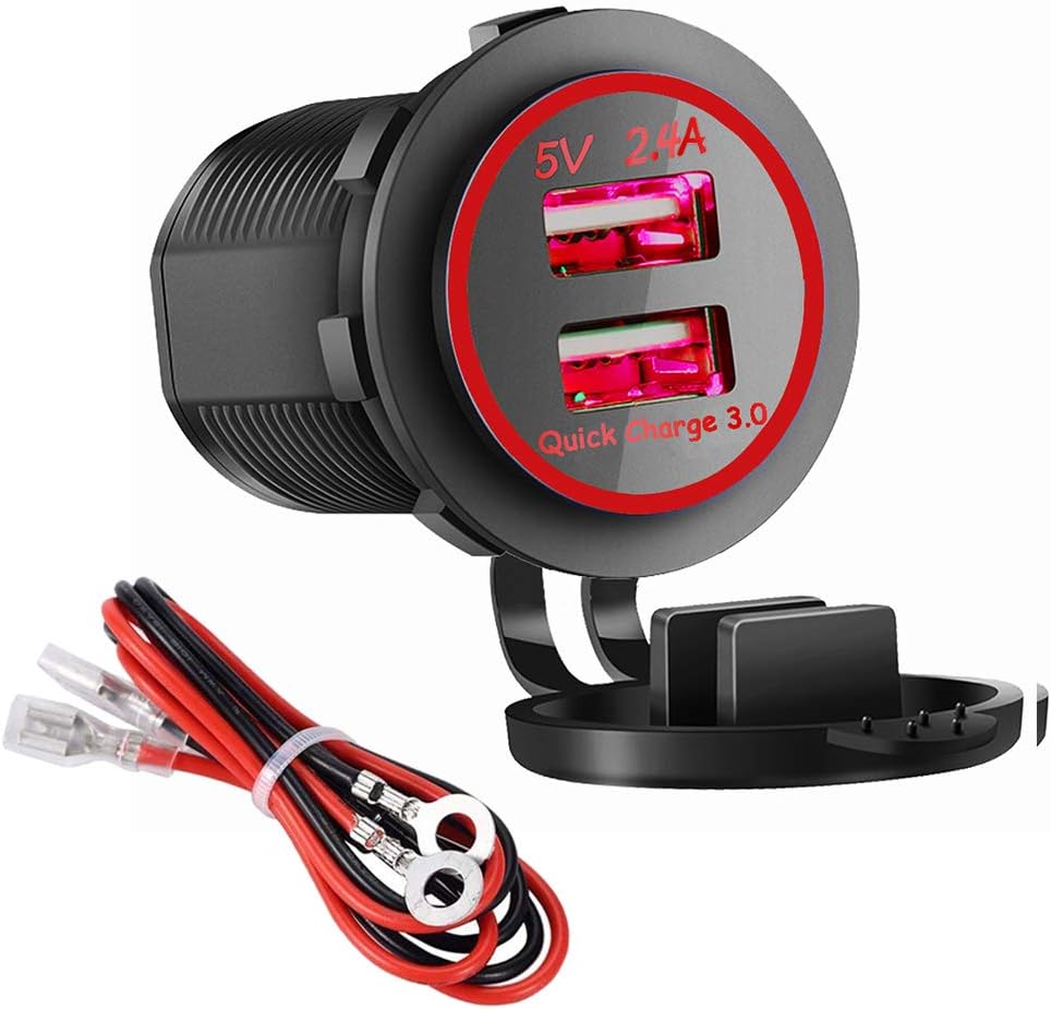 Dual USB Charger Socket Power Outlet - Quick Charge 3.0 & 2.4A Port for Car Boat Marine Rv Mobile with Wire Fuse DIY Kit (QC 3.0 - Red)