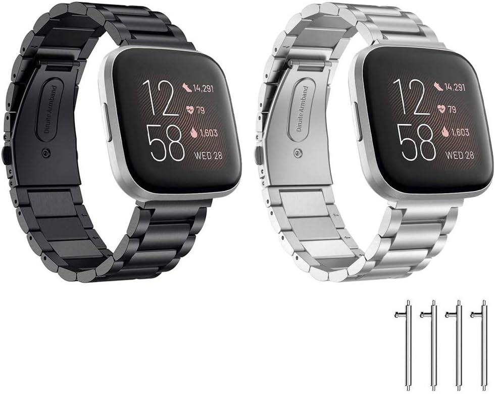 Diruite for Fitbit Versa/Versa 2 Strap,Plating Solid Stainless Steel,Butterfly Double Snap Bracelet Adjustable Replacement Wrist Bands
