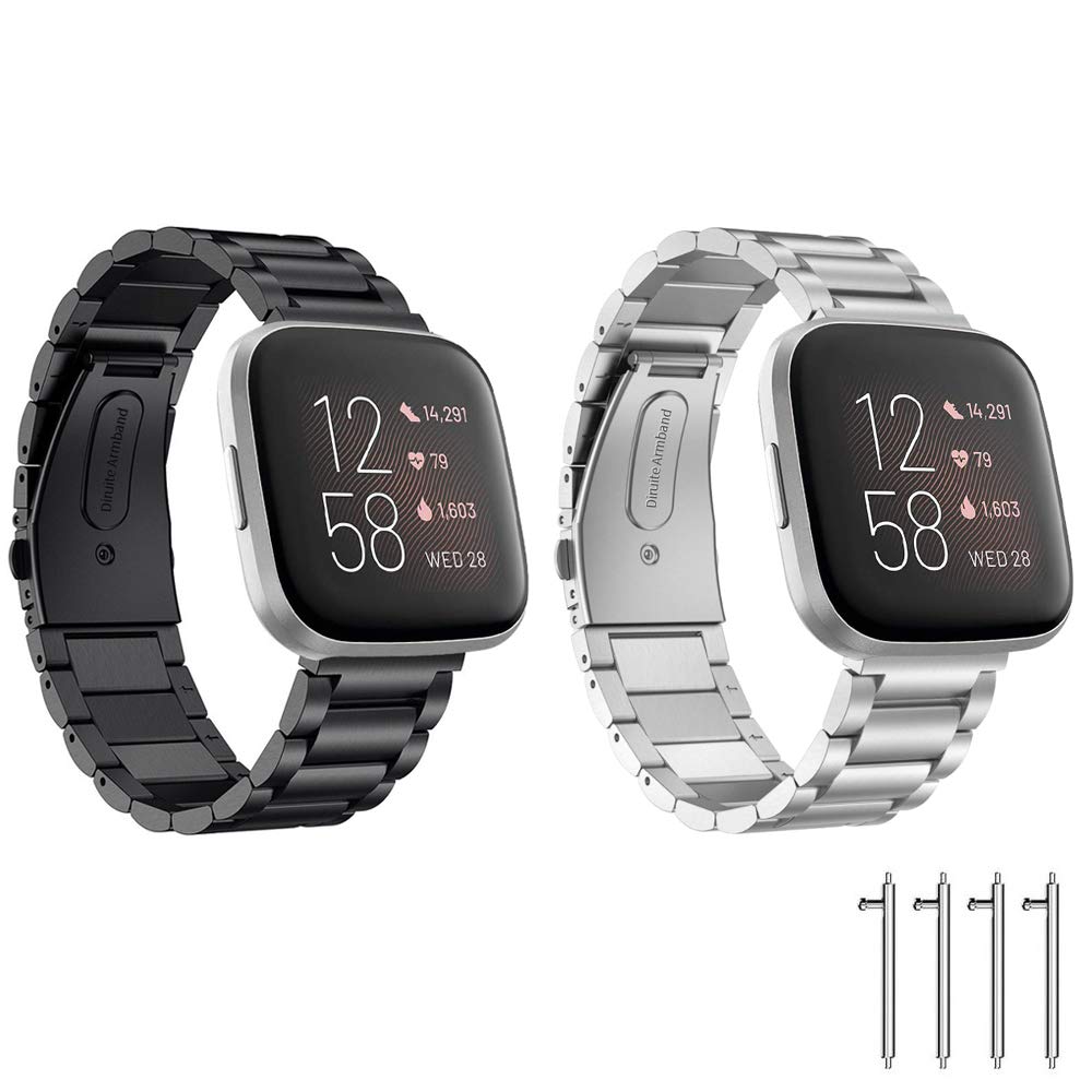 Diruite for Fitbit Versa/Versa 2 Strap,Plating Solid Stainless Steel,Butterfly Double Snap Bracelet Adjustable Replacement Wrist Bands - Black+Silver
